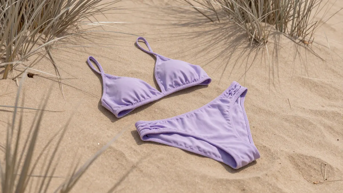 Lilac Lunaria bikini with ruched side panels laid on sand beside dried grasses, showing its cut, fit and fabric