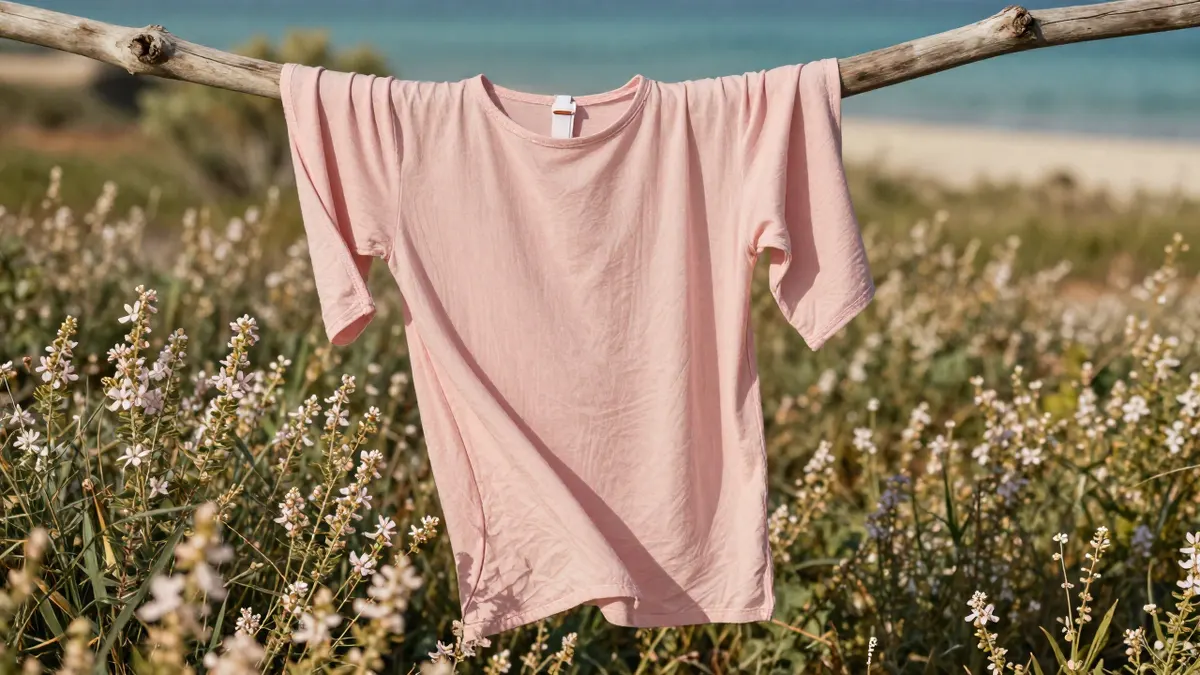 Loose pink wild malva tunic hanging on driftwood near mallow flowers, showing its fit, fabric and relaxed styling