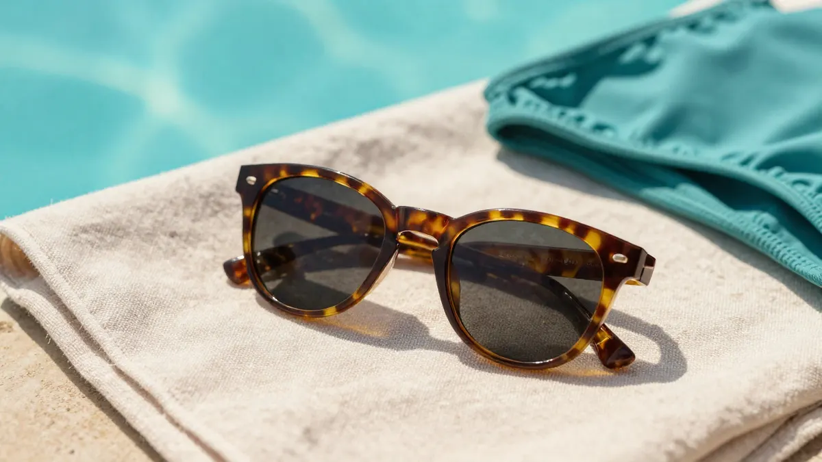 Jaya sunglasses with tortoiseshell frames resting on a linen towel beside a turquoise pool in bright summer light