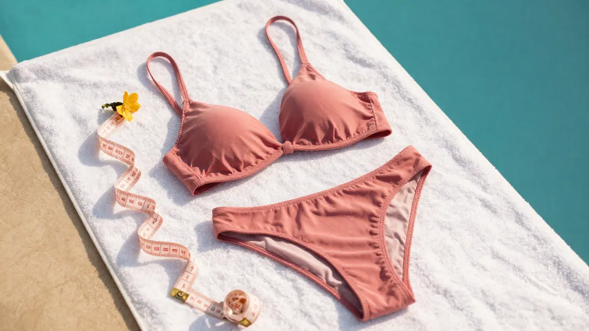 Rose bikini top and bottoms laid on a white towel next to a tape measure