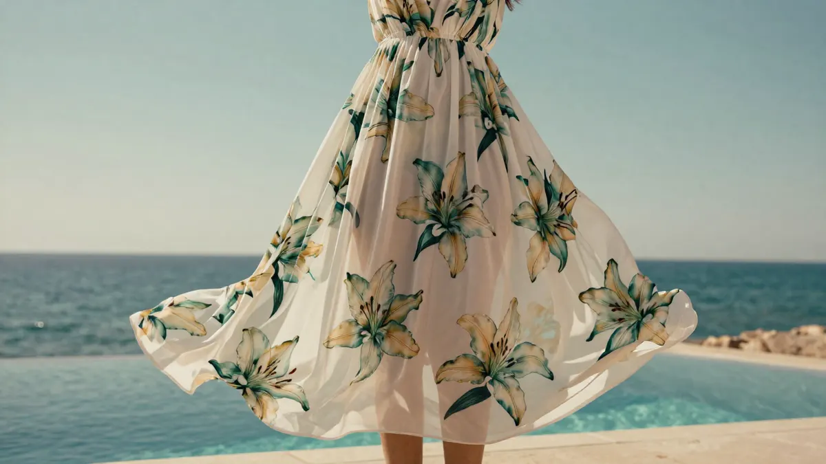 Flowing white beach dress with green and cream spider lily print moving in a breezy seaside cabana