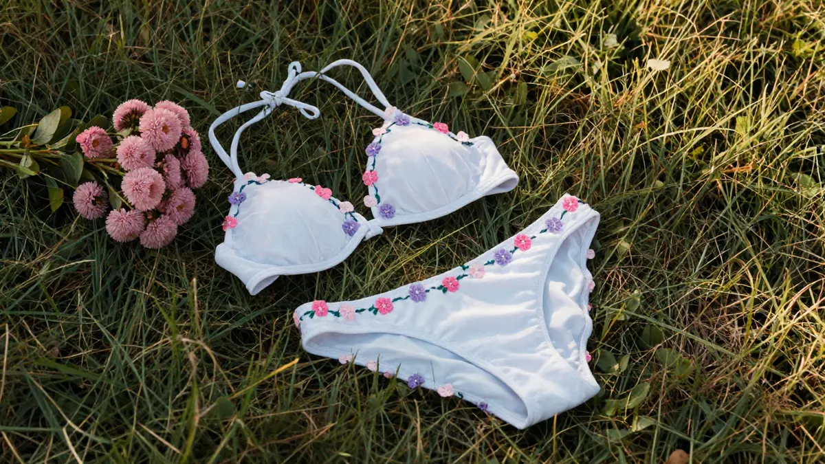 White candytuft bikini with tiny pink and lilac embroidered flowers resting on a grassy meadow