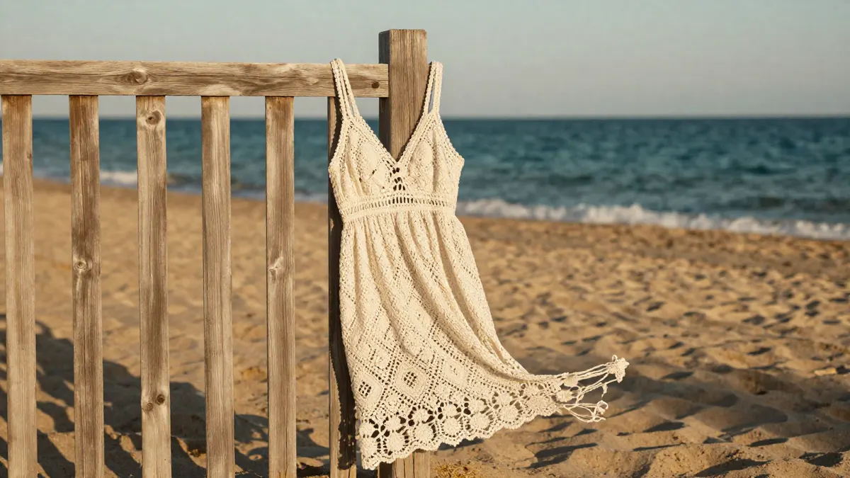 Cream crochet beach dress with an open lace weave hanging on a wooden fence, showing texture, length and fit