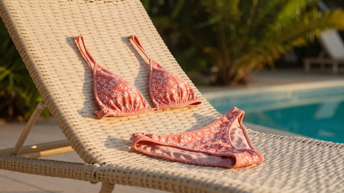 Coral pink Mandevilla bikini draped over a rattan lounge chair on a veranda, showing style, fit and soft fabric