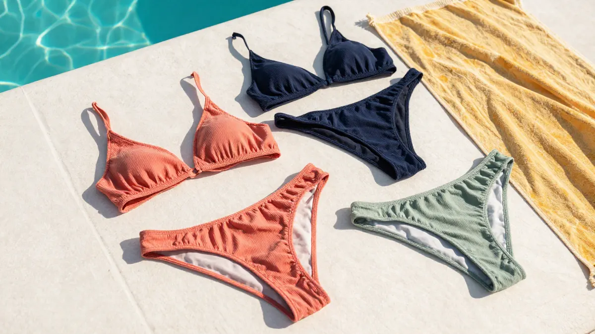 Flat lay of bikini products in coral, navy and sage fabrics with ribbed textures and tied straps