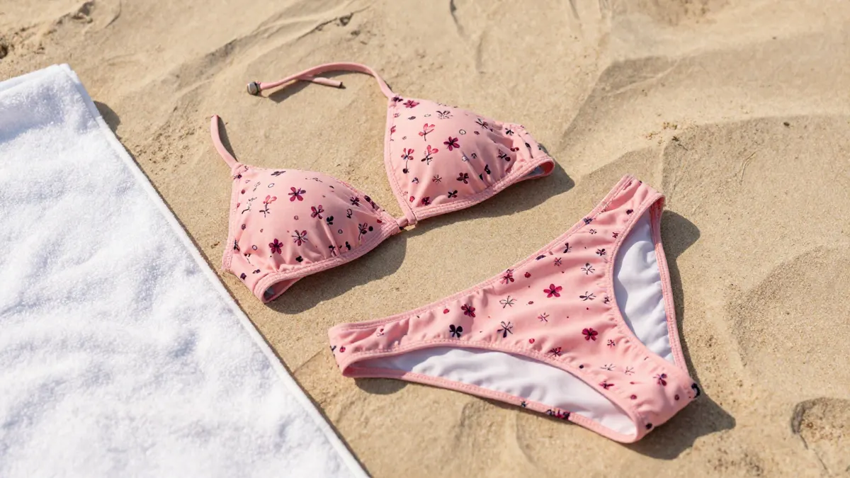 Pink cherry blossom bikini with a soft floral print laid on pale sand, showing how to choose the right floral swimsuit