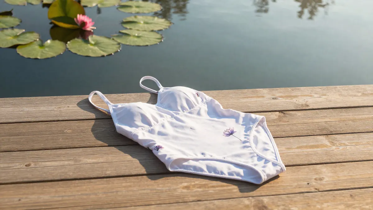 White one-piece swimsuit with a water lily print on a wooden jetty beside a calm pond with floating lily pads