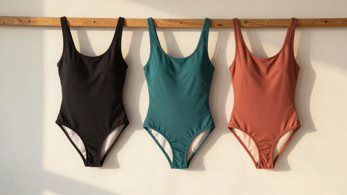 Three one-piece swimsuits on a rack in black, emerald and terracotta with open backs and high cut legs