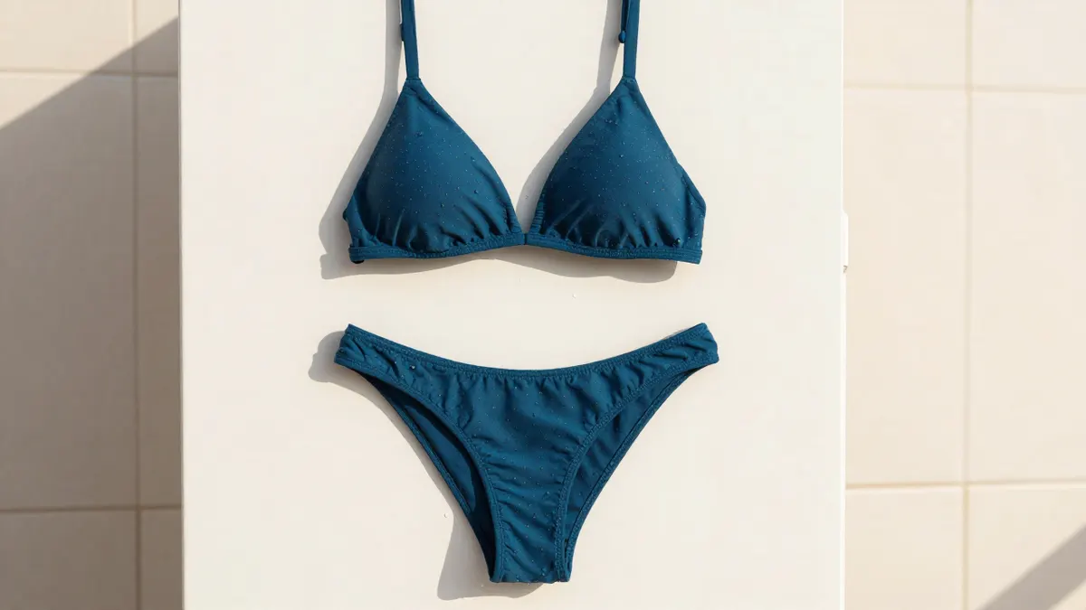 Deep blue Nigella bikini with a small dotted pattern hanging by a white beach shower, showing its cut and fit