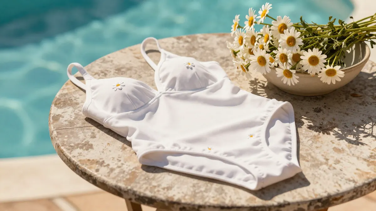 White one piece swimsuit with small daisy embroidery folded beside fresh bellis daisies on a garden table