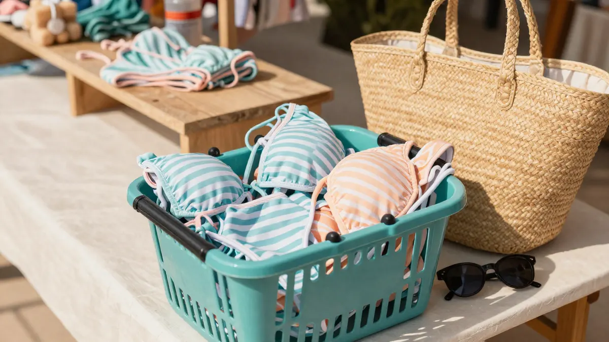 Basket of folded pastel and striped bikinis on a sunny market stall while shopping for swimwear