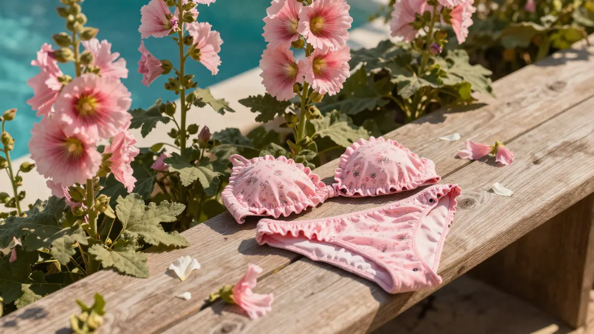 Pink ruffled bikini with a soft floral pattern placed among hollyhock flowers in a sunny summer garden