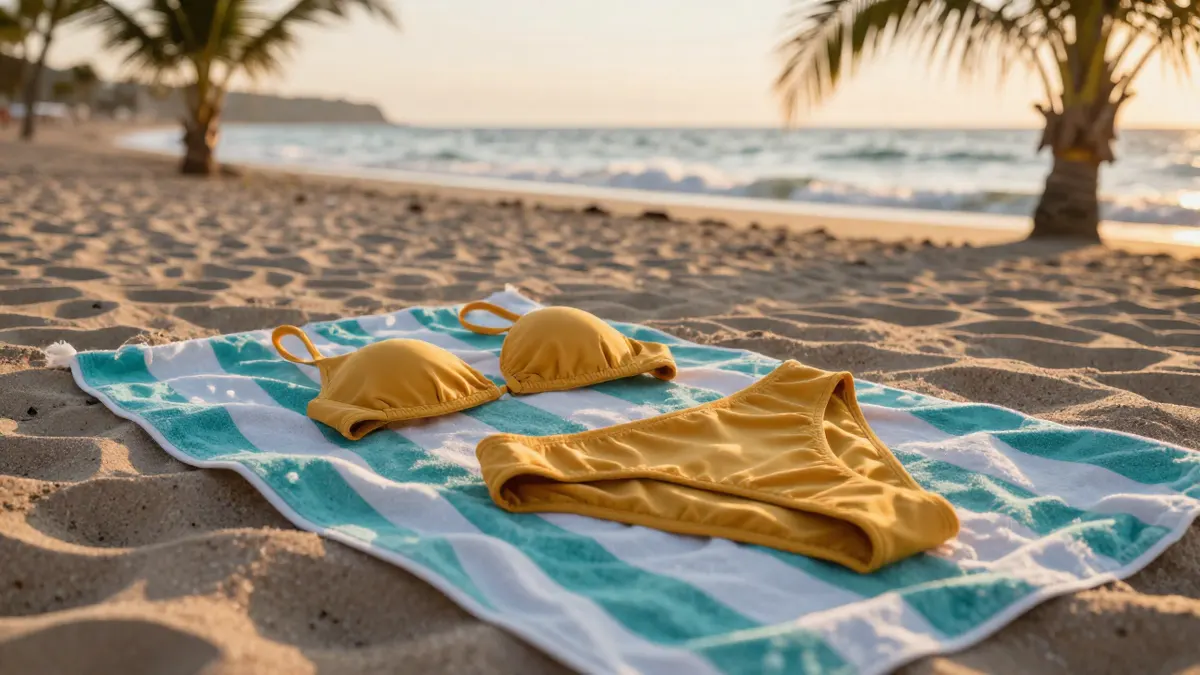 Golden California bikini with high-waisted bottoms on a beach towel at sunset, palm trees behind