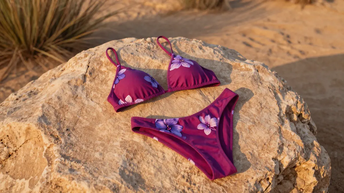 Violet orchid of the desert bikini draped over sandstone rock in a desert landscape, showing its floral print and fabric