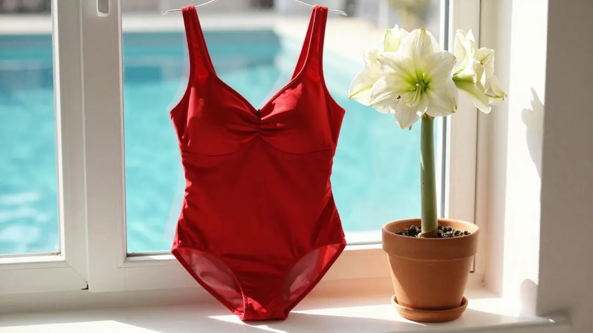 Red one piece swimsuit with a sweetheart neckline beside an amaryllis bloom on a bright windowsill