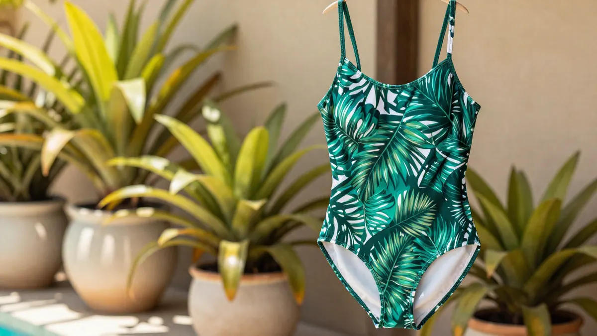 Green one piece swimsuit with bold leaf print beside bromeliad plants on a shaded tropical terrace