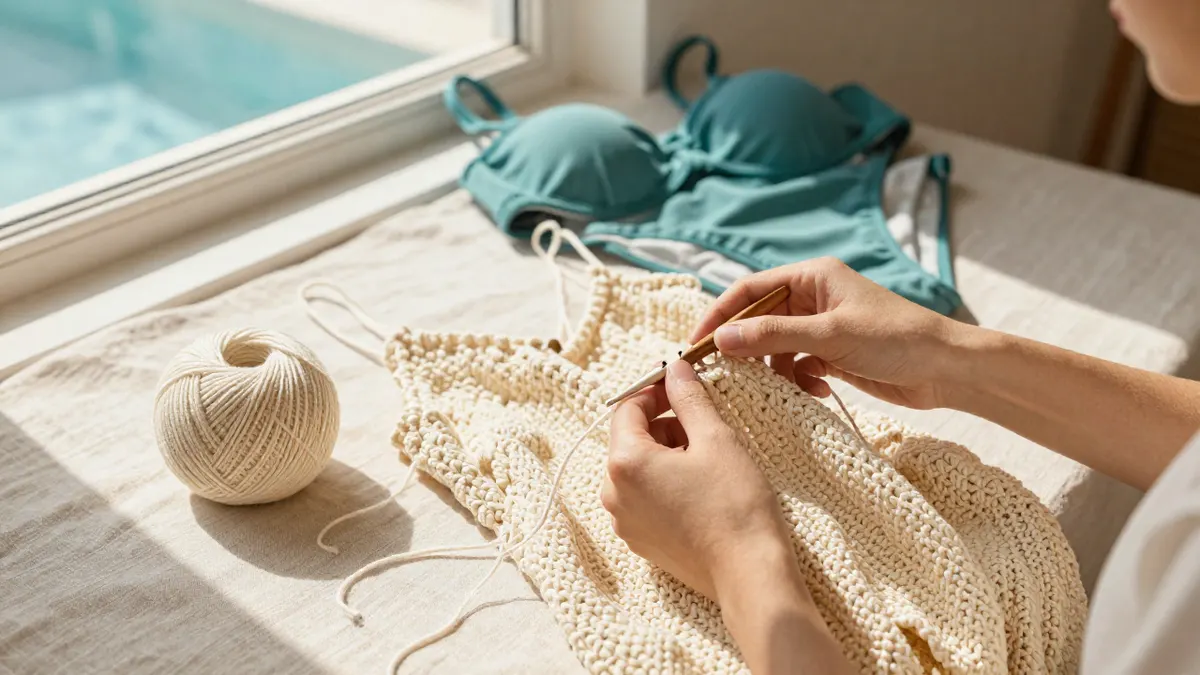 Hands crocheting an easy summer dress with a wooden hook and cotton yarn on a sunny table